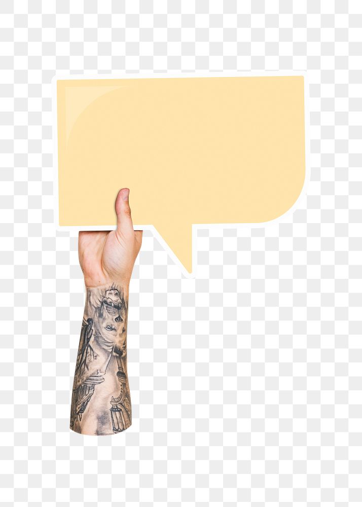 Png hand holding speech bubble, transparent background