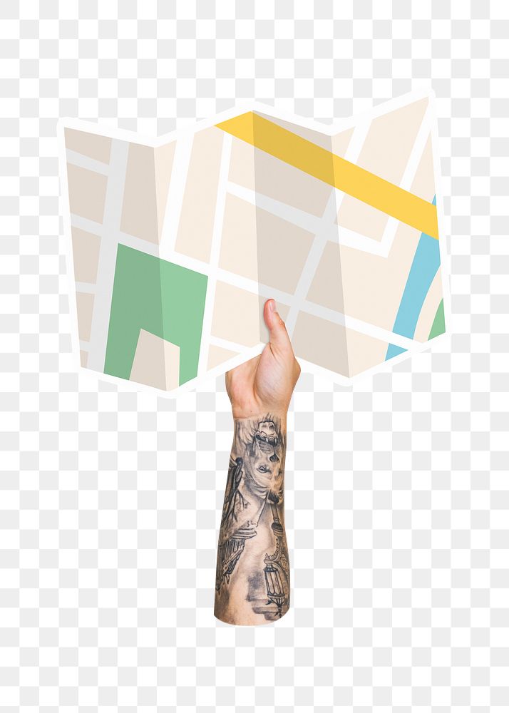 Hand holding map png, transparent background