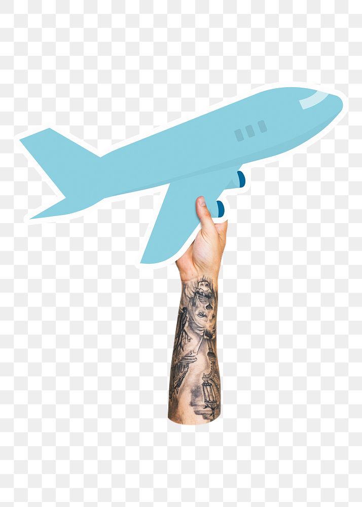 Hand holding png airplane cardboard, transparent background