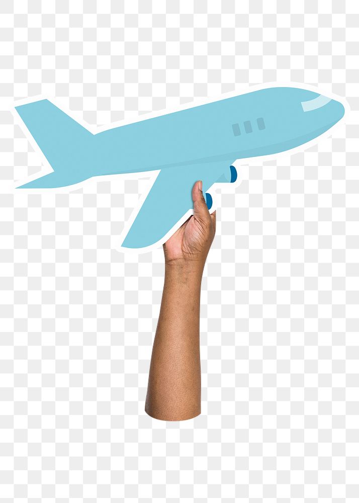 Hand holding png airplane cardboard, transparent background
