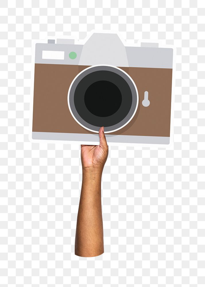 Hand holding camera png, transparent background