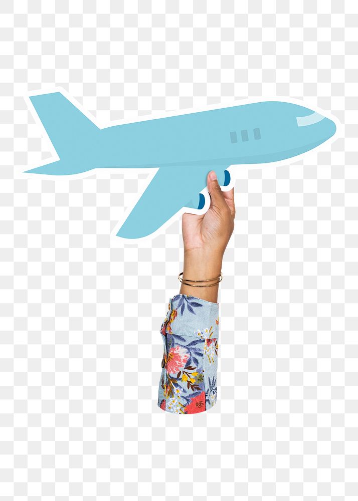 Hand holding png airplane cardboard, transparent background