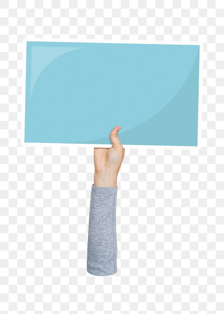 Hand holding png blank sign, transparent background