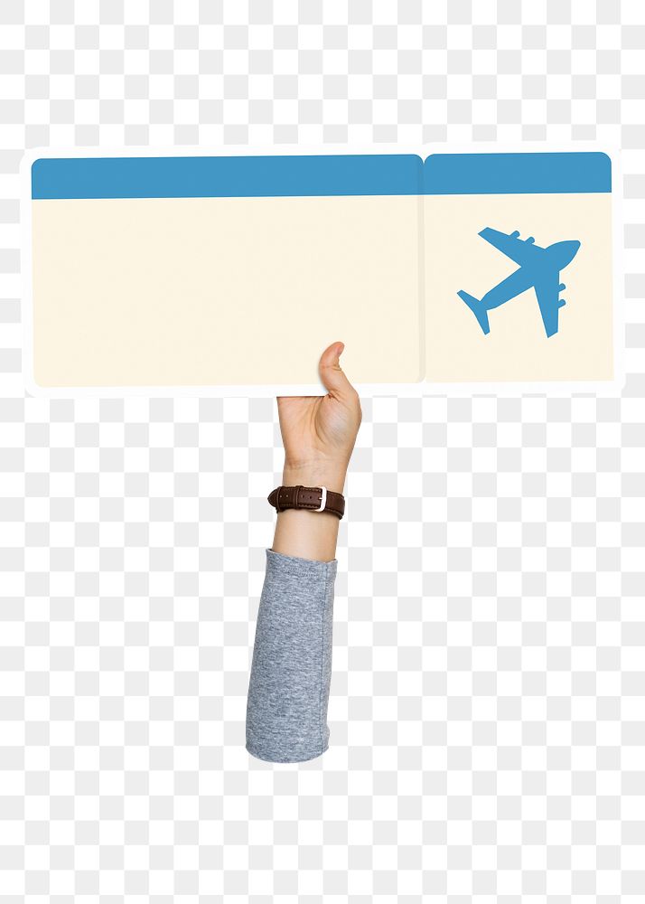 Hand holding png flight ticket, transparent background