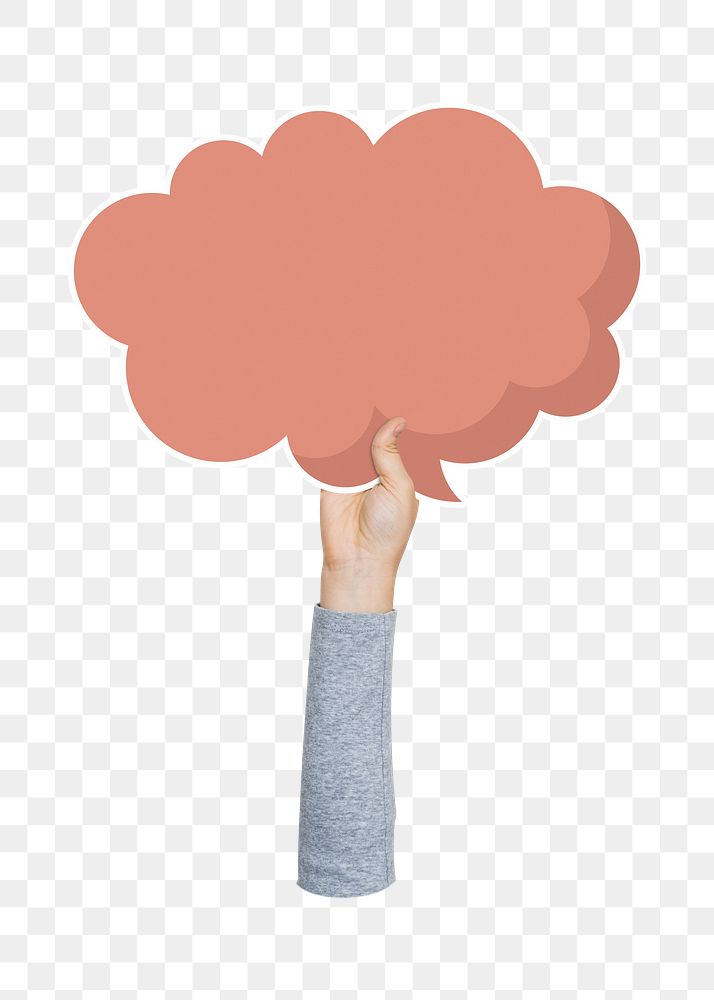 Png hand holding speech bubble, transparent background