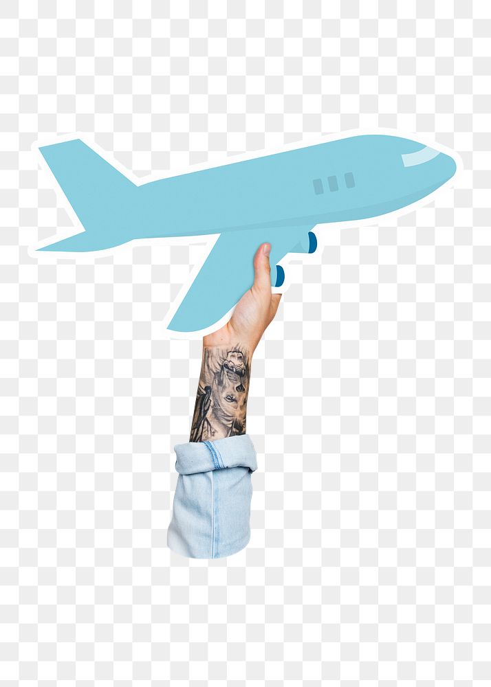 Hand holding png airplane cardboard, transparent background