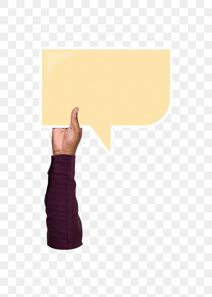 Png hand holding speech bubble, transparent background