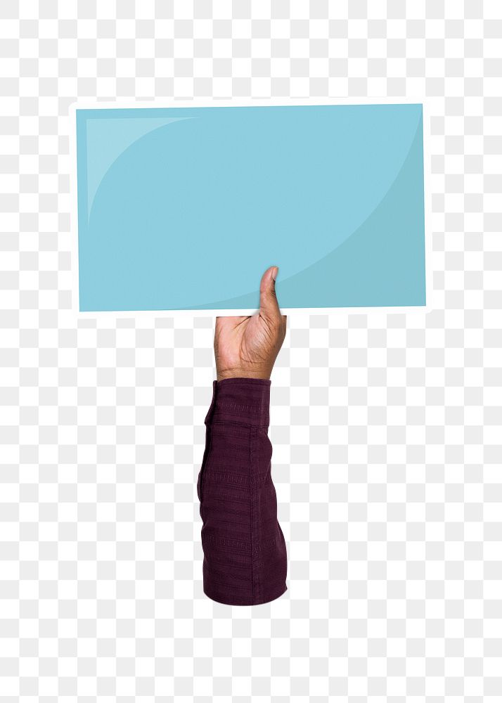 Hand holding png blank sign, transparent background