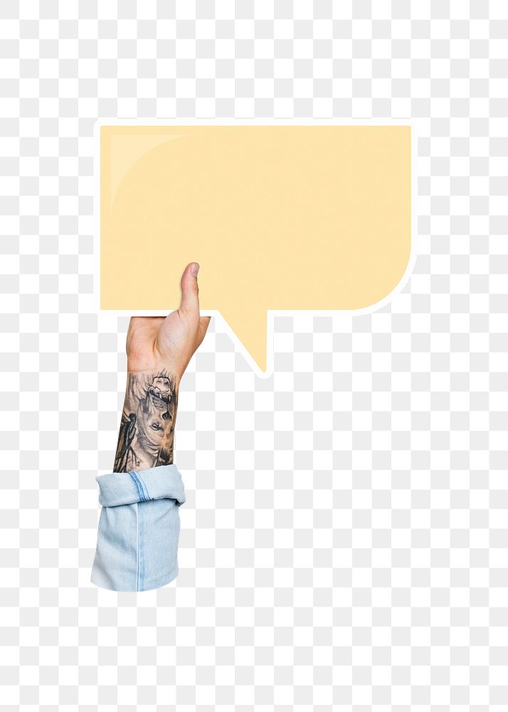 Png hand holding speech bubble, transparent background