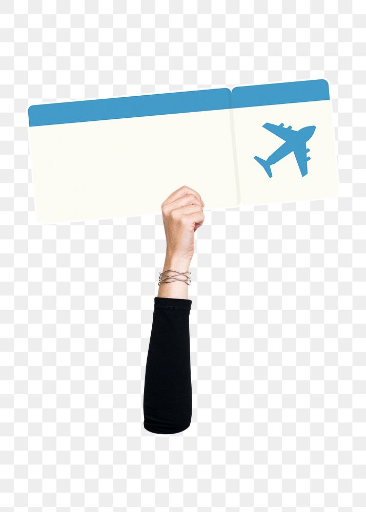 Hand holding png flight ticket, transparent background