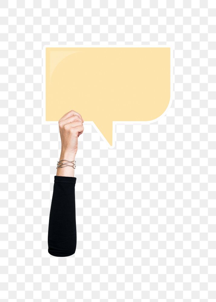 Png hand holding speech bubble, transparent background