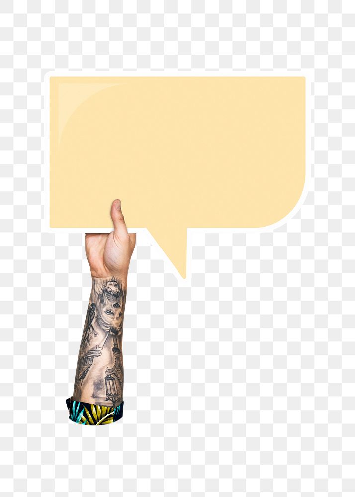 Png hand holding speech bubble, transparent background