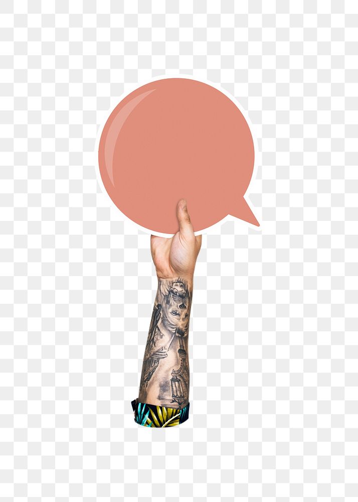 Png hand holding speech bubble, transparent background