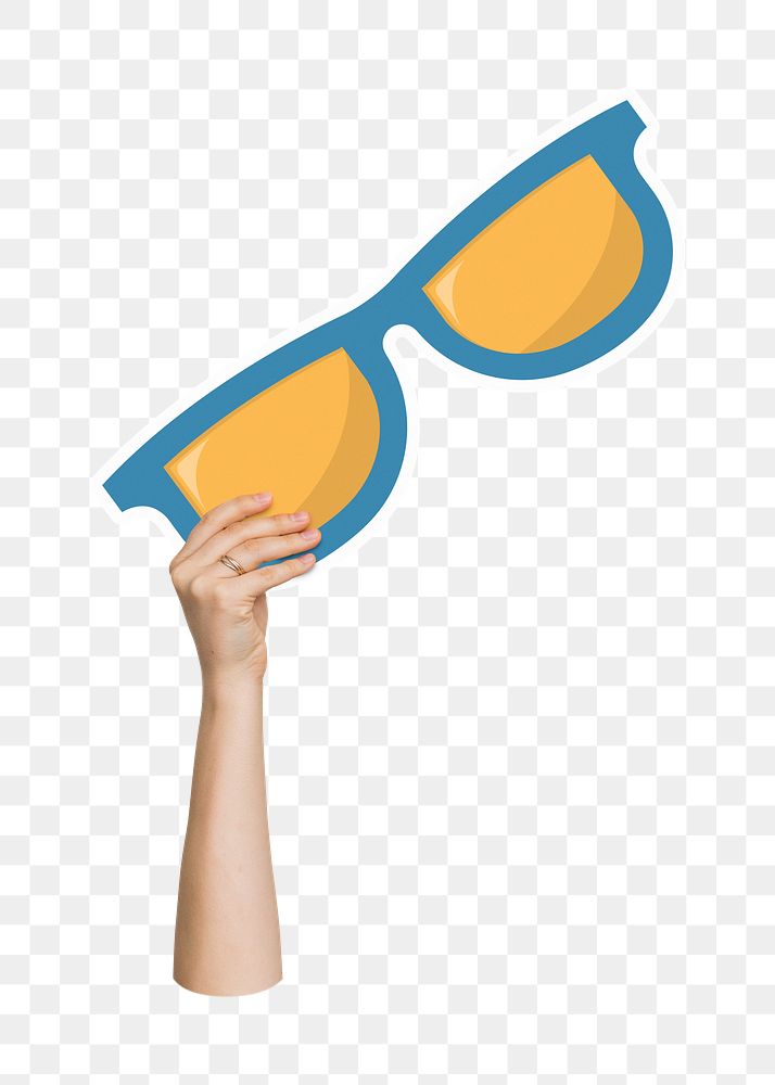 Hand holding sunglasses png, transparent background