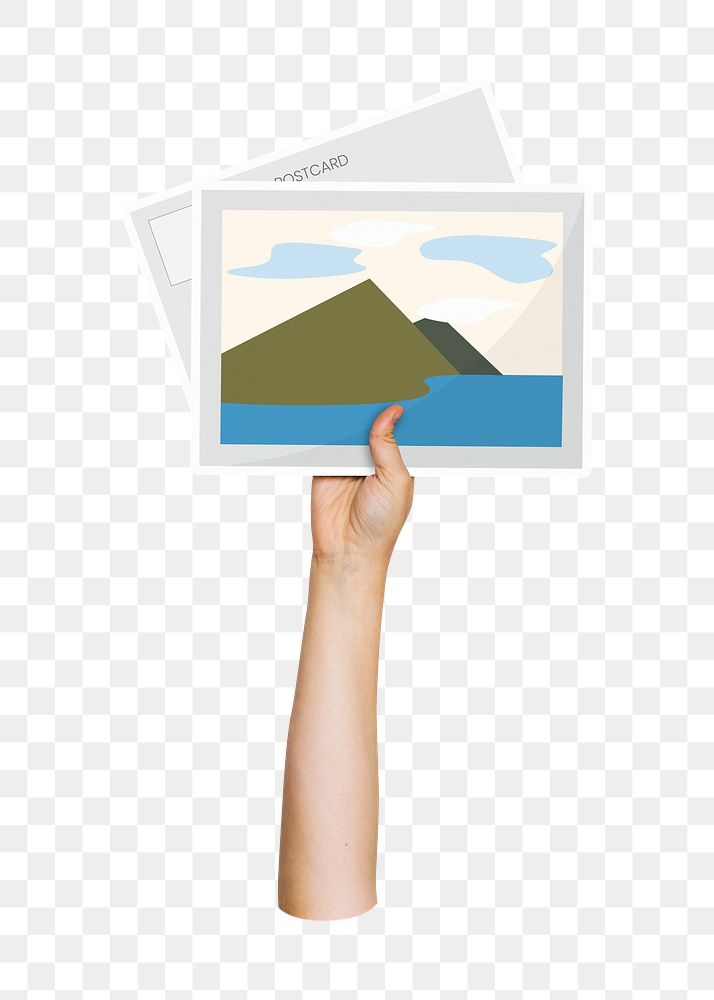 Hand holding png post card, transparent background