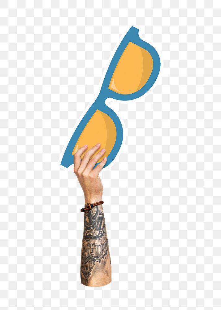 Hand holding sunglasses png, transparent background