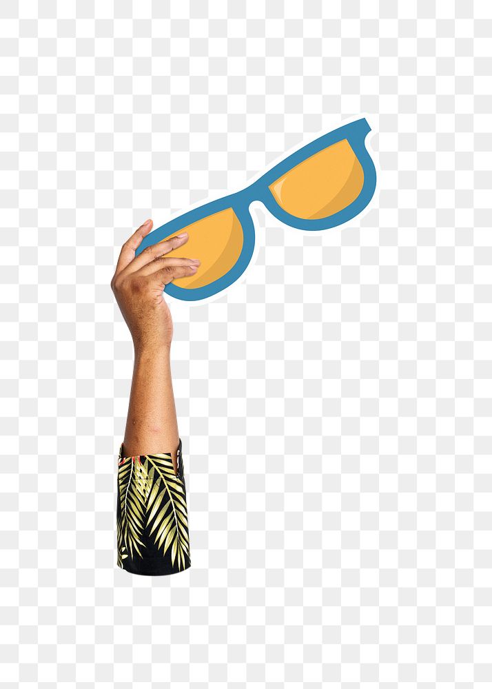 Hand holding sunglasses png, transparent background