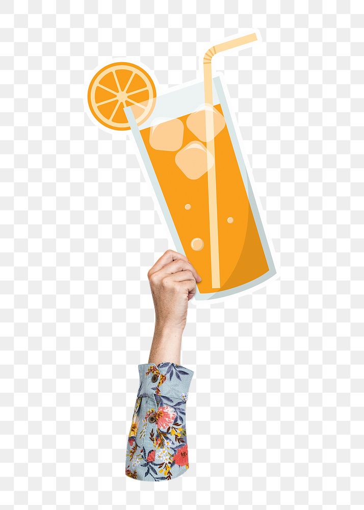 Hand holding png orange juice, transparent background