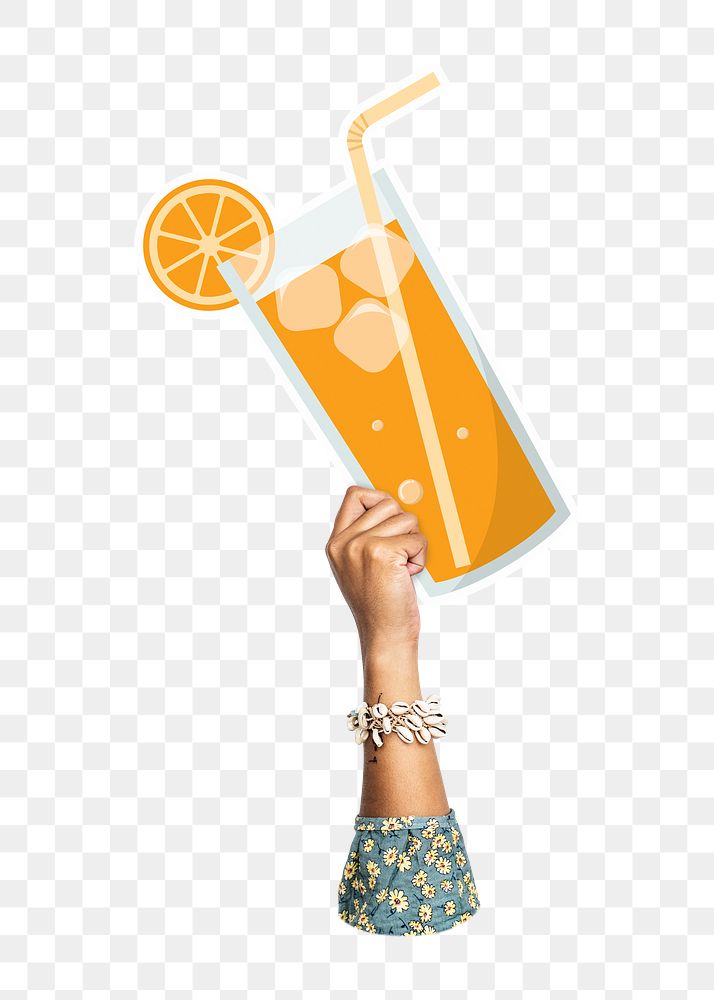 Hand holding png orange juice, transparent background
