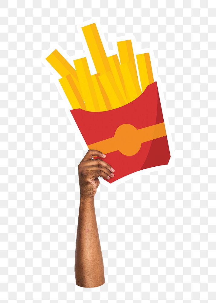 Hand holding png fries, fast food, transparent background