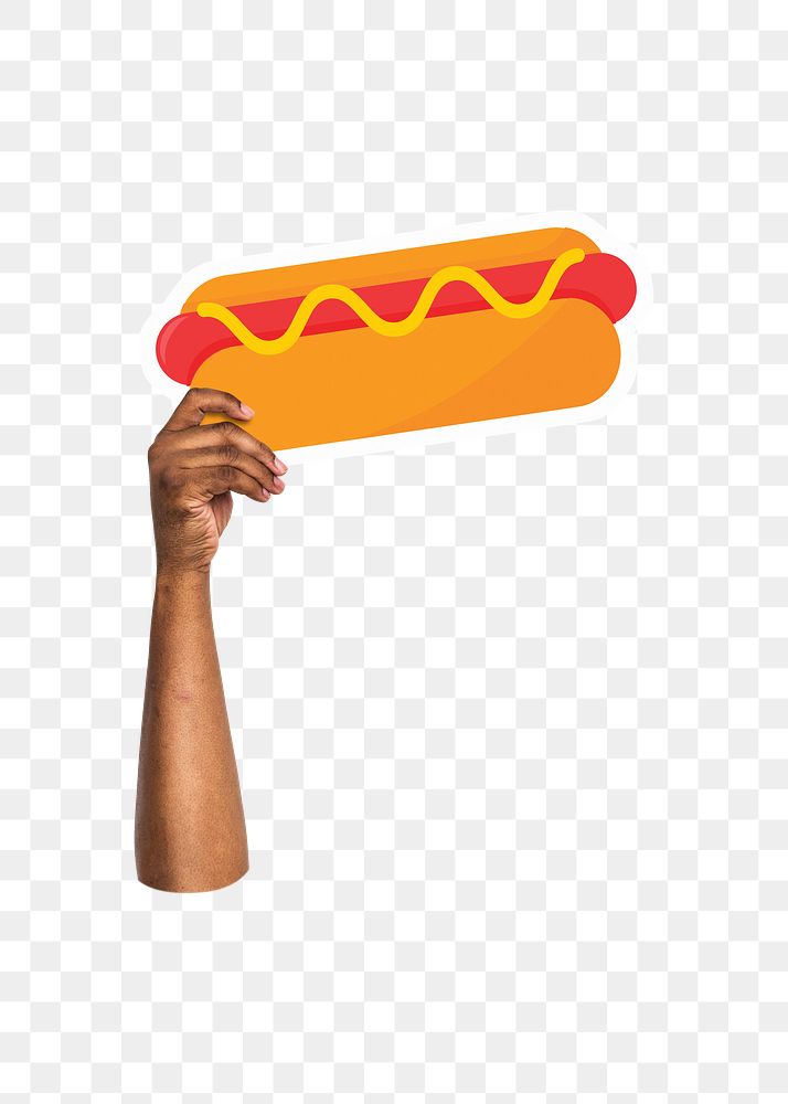 Hand holding png hot dog, fast food, transparent background