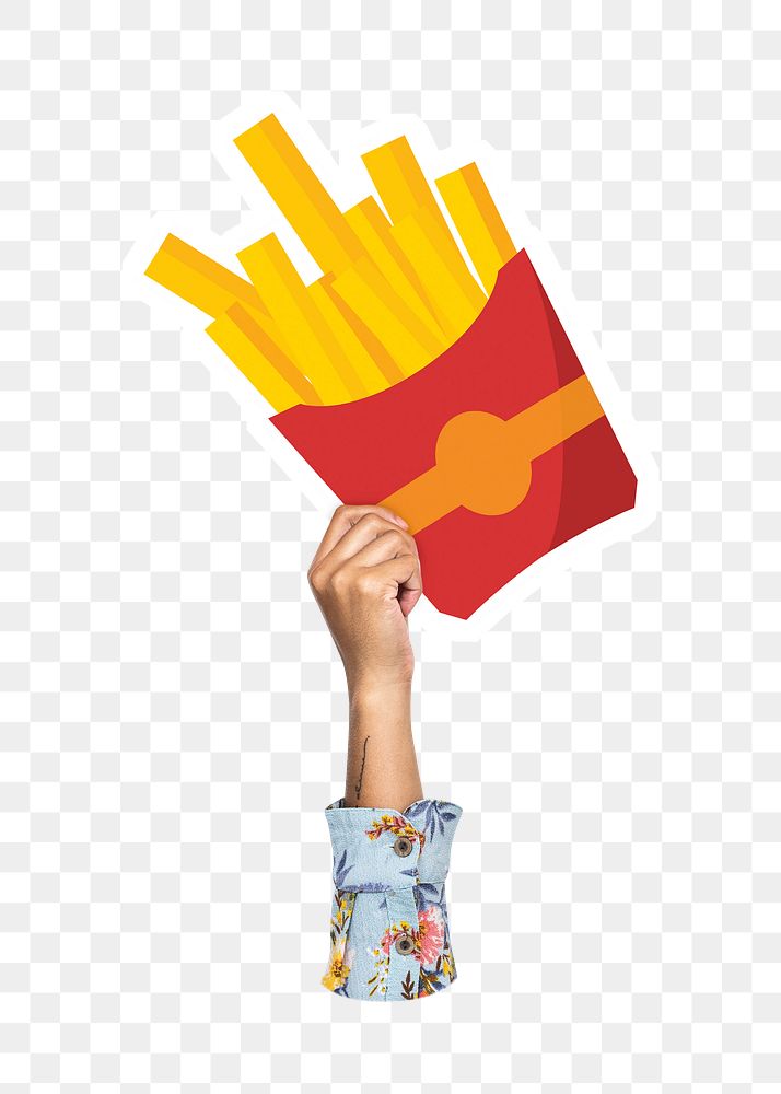 Hand holding png fries, fast food, transparent background