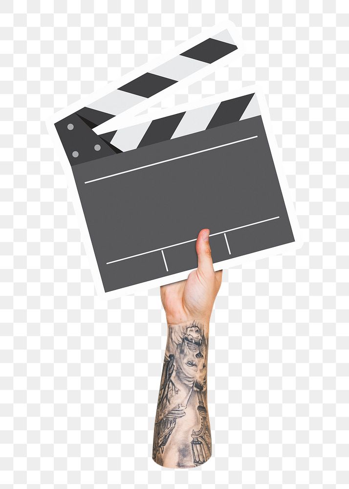 Hand holding png film slate, transparent background