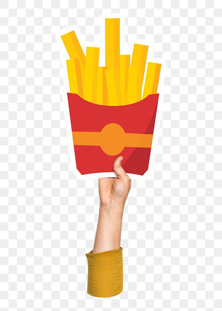 Hand holding png fries, fast food, transparent background
