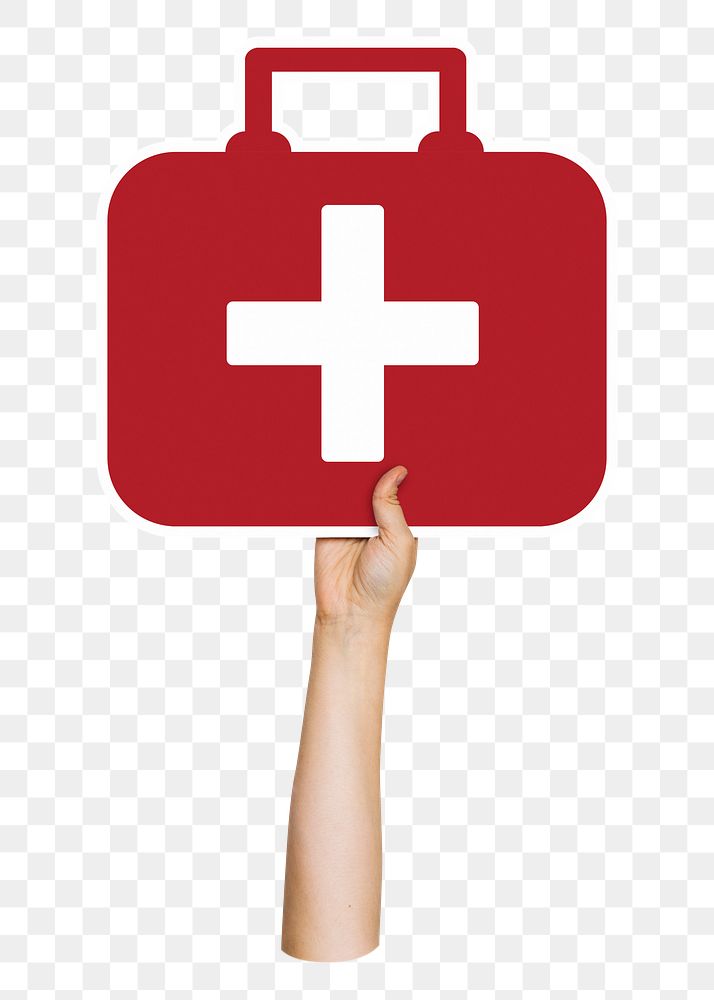 Hand holding png first-aid kit, transparent background