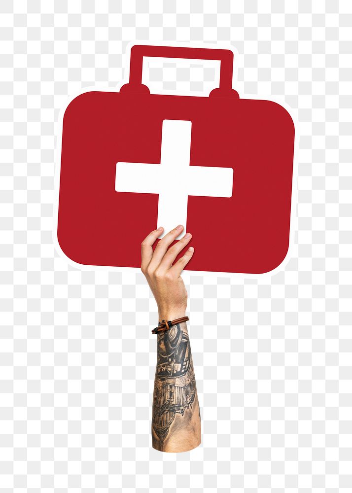Hand holding png first-aid kit, transparent background