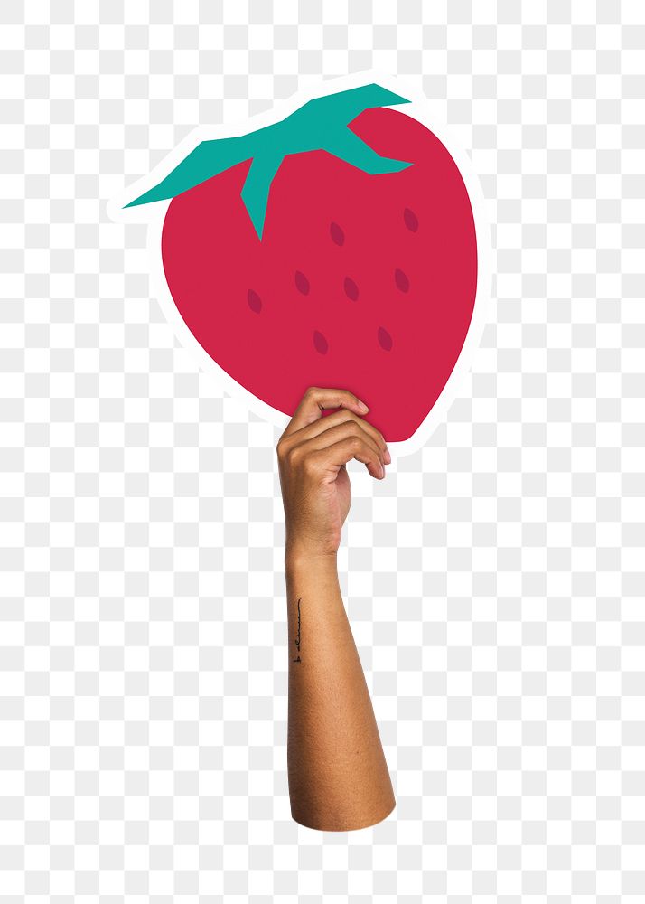 Hand holding png strawberry sticker, transparent background