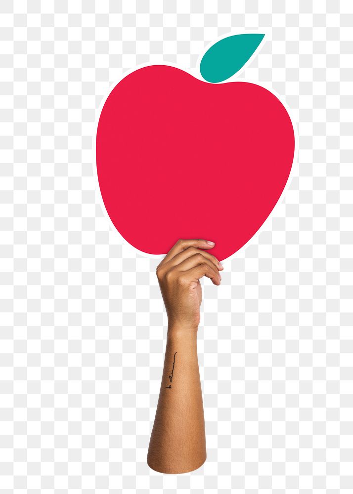 Hand holding png apple sticker, transparent background