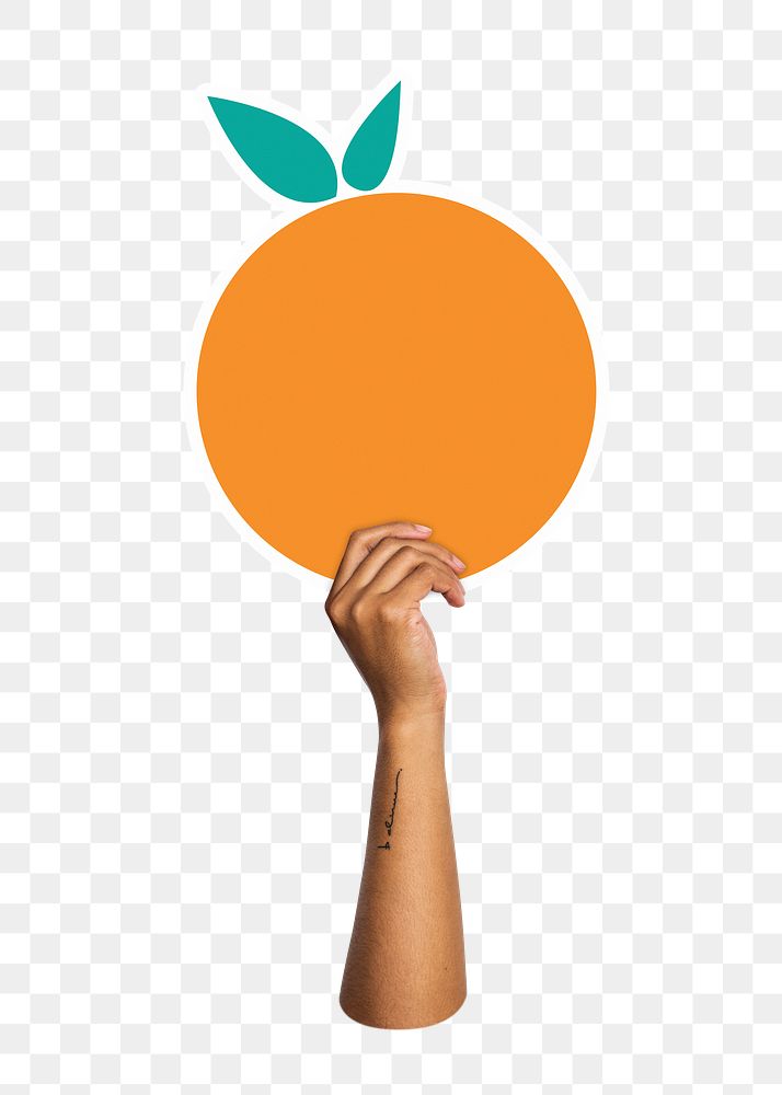 Hand holding png orange sticker, transparent background