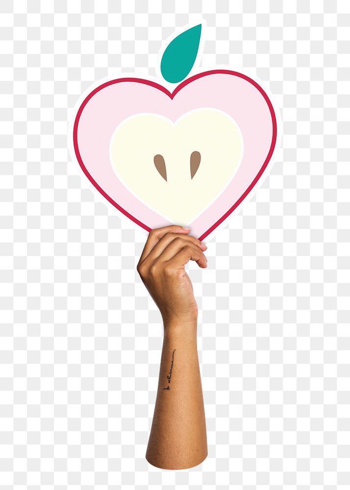 Hand holding png apple sticker, transparent background