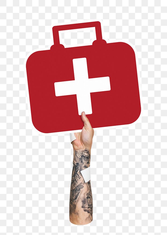 Hand holding png first aid kit sticker, transparent background