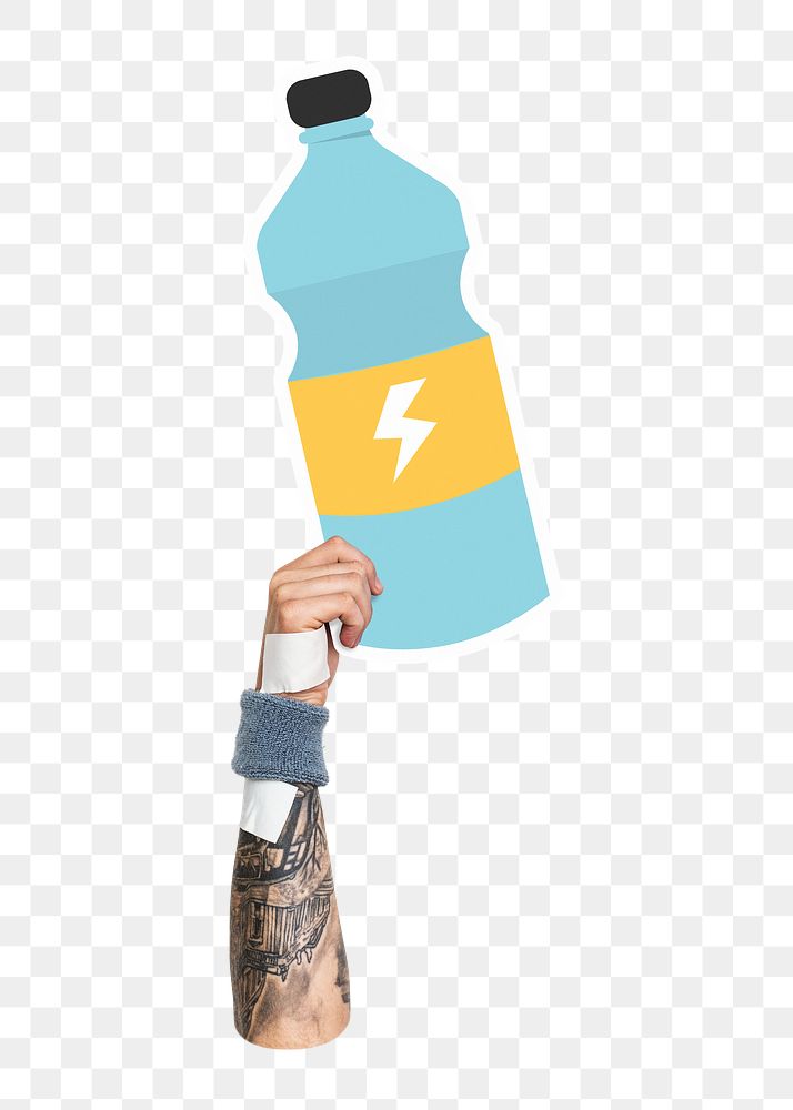Hand holding png energy drink sticker, transparent background