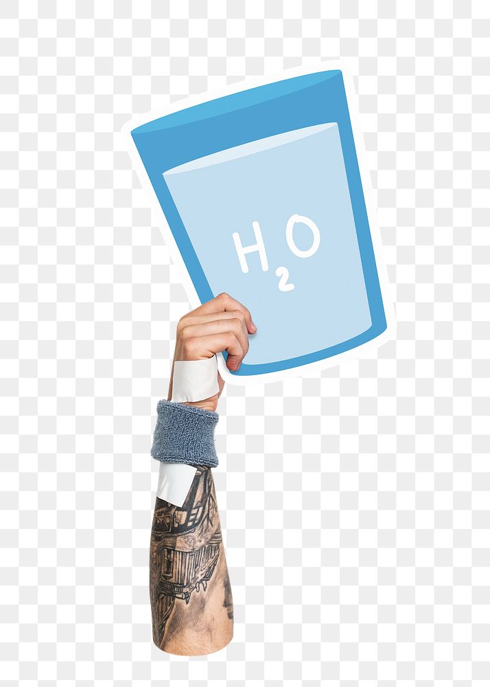 Hand holding png glass of water, transparent background