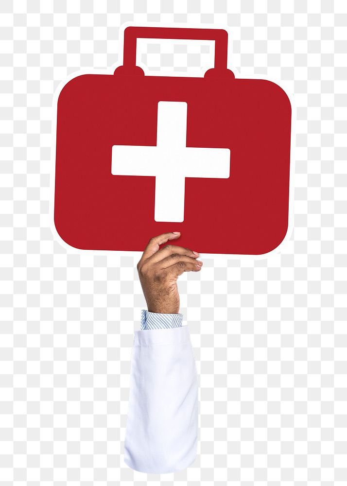 Hand holding png first aid kit sticker, transparent background