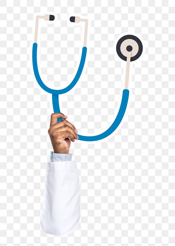 Hand holding png stethoscope sticker, transparent background