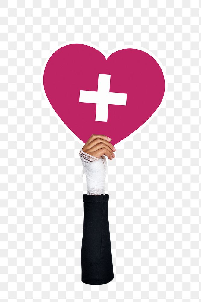 Hand holding png cross heart sticker, transparent background