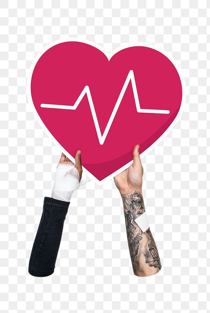 Hand holding png beating heart sticker, transparent background