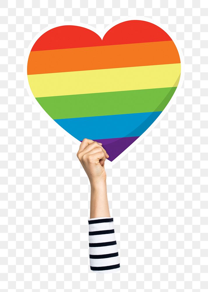 Hand holding png LGBT heart sticker, transparent background