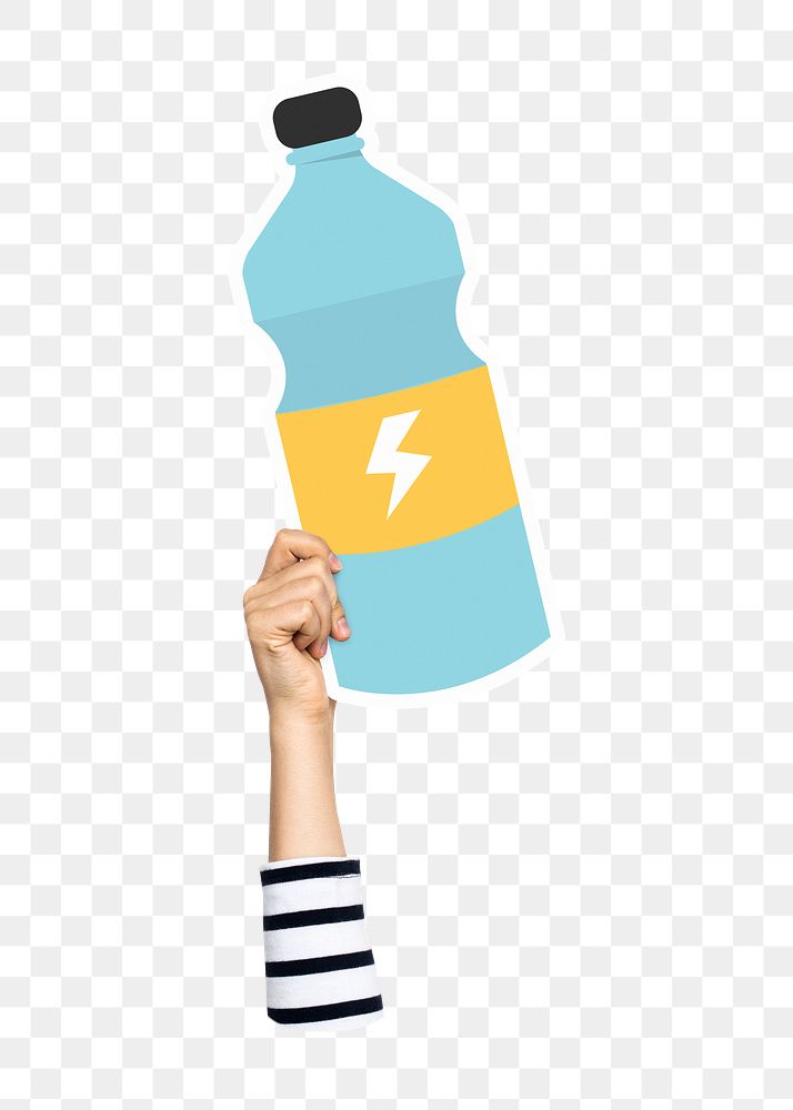 Hand holding png energy drink sticker, transparent background