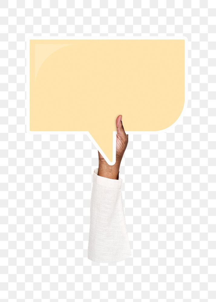 Hand holding png speech bubble sticker, transparent background