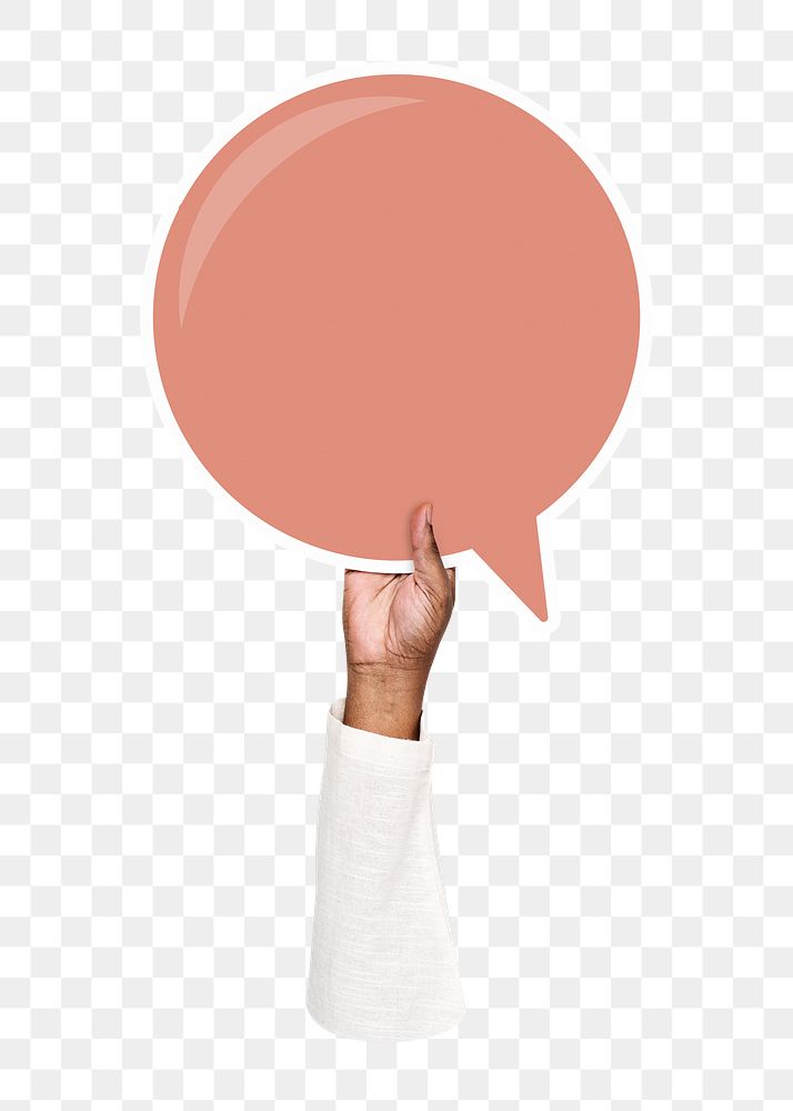 Hand holding png speech bubble sticker, transparent background