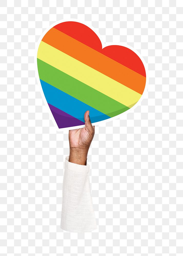 Hand holding png LGBT heart sticker, transparent background
