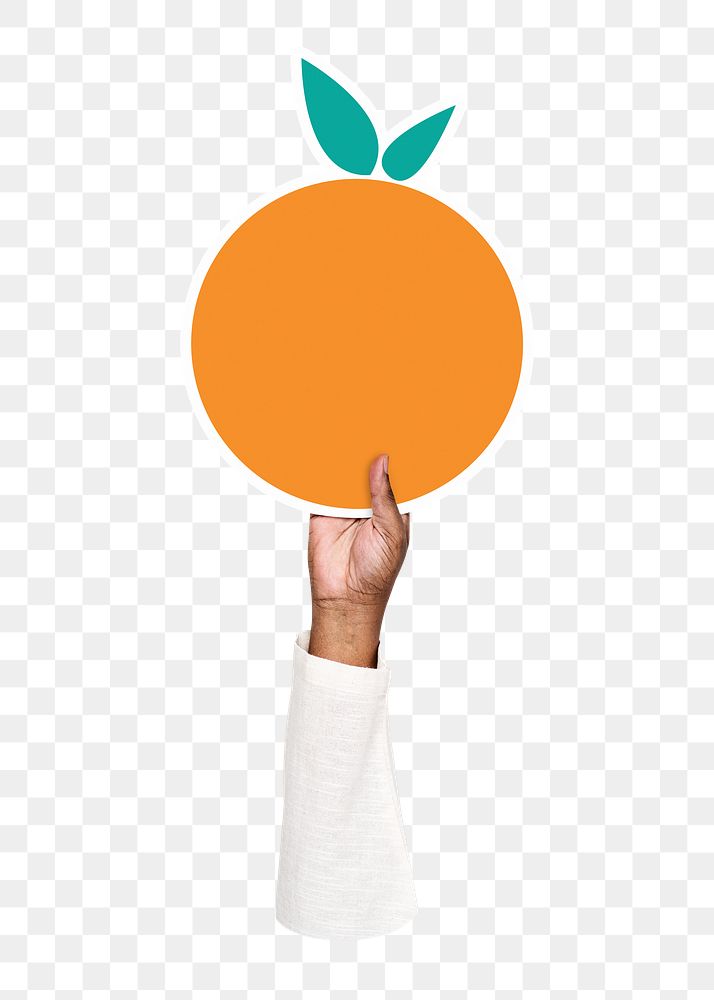 Hand holding png orange sticker, transparent background