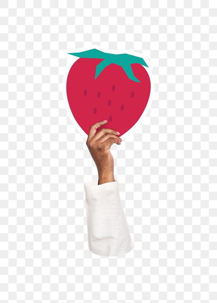 Hand holding png strawberry sticker, transparent background