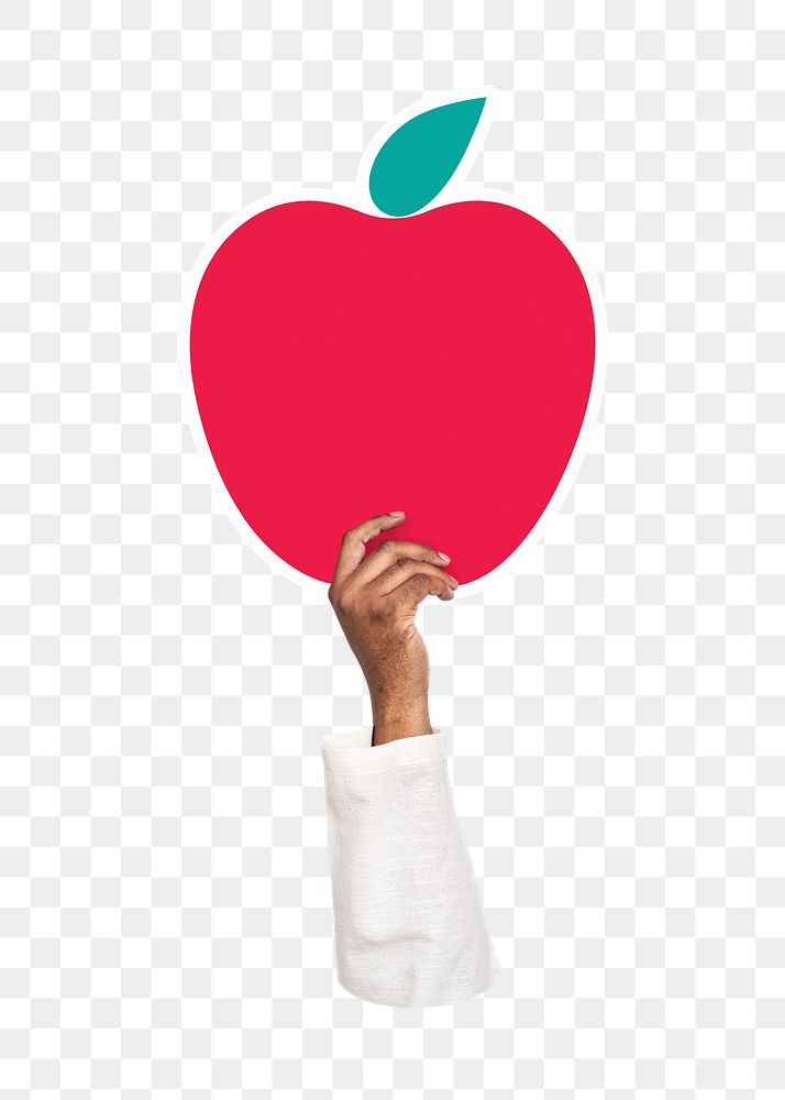 Hand holding png apple sticker, transparent background