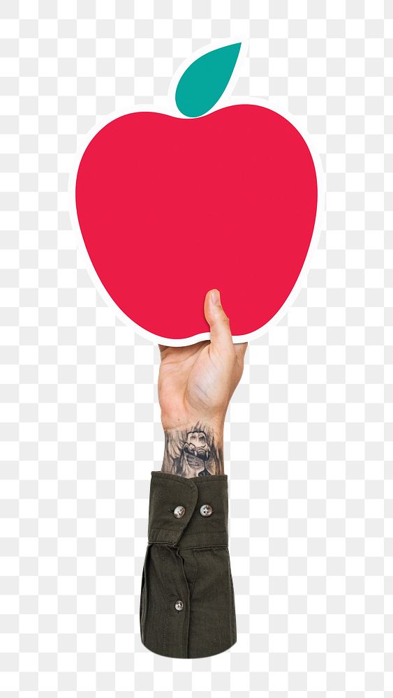 Hand holding png apple sticker, transparent background